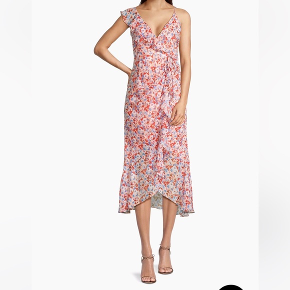 LAUNDRY BY SHELLI SEGAL - NWOT- Asymmetric Floral Ruffle Midi Dress in Peach - Picture 12 of 14